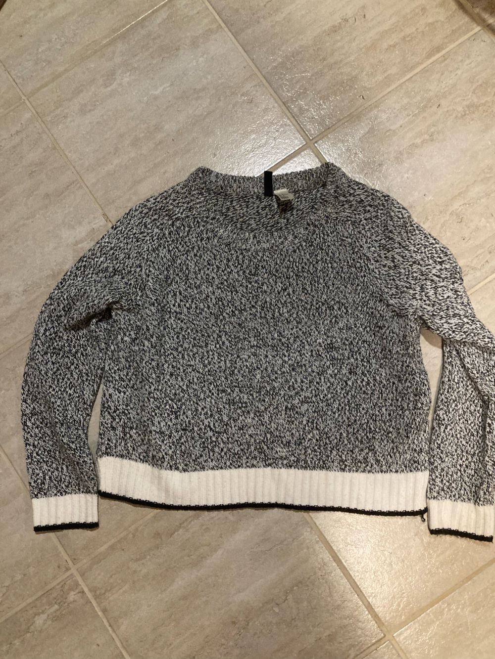 H&M Black & White Marled Crewneck Sweater with Cream Trim